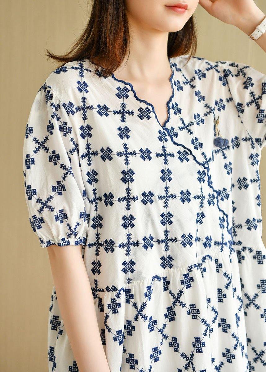 White V Neck Embroideried Summer Cotton Mid Dress Short Sleeve