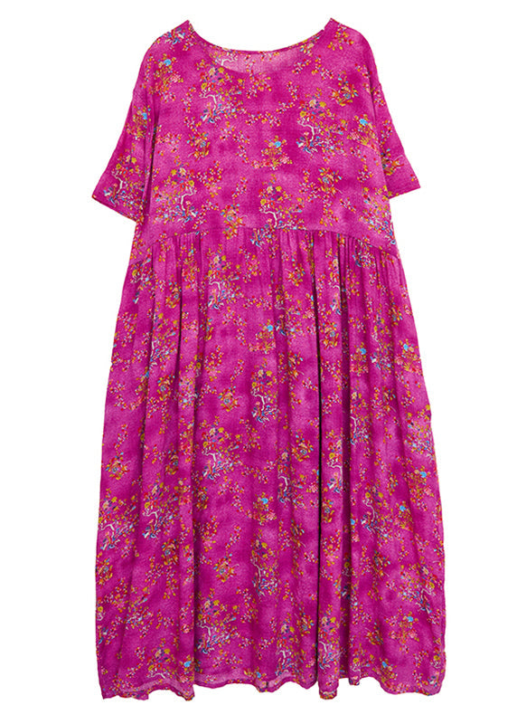 Rose Print Patchwork Long Dresses Short Sleeve