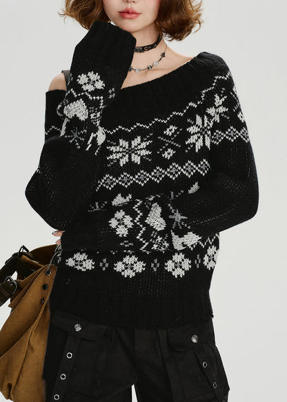 Black Slash Neck Jacquard Knit Sweater Tops Spring