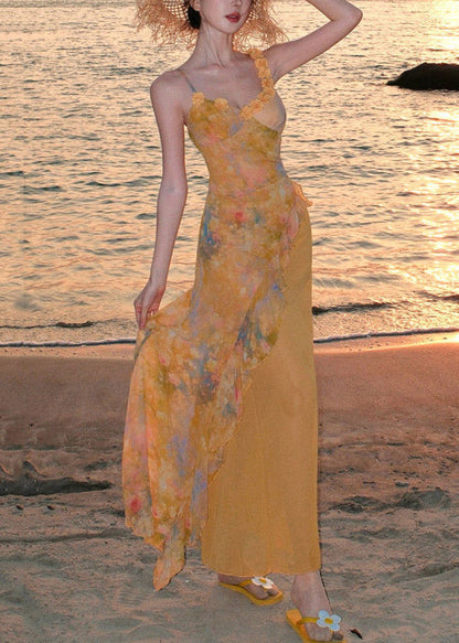 Yellow Ruffled Print Chiffon Long Spaghetti Strap Dress Summer