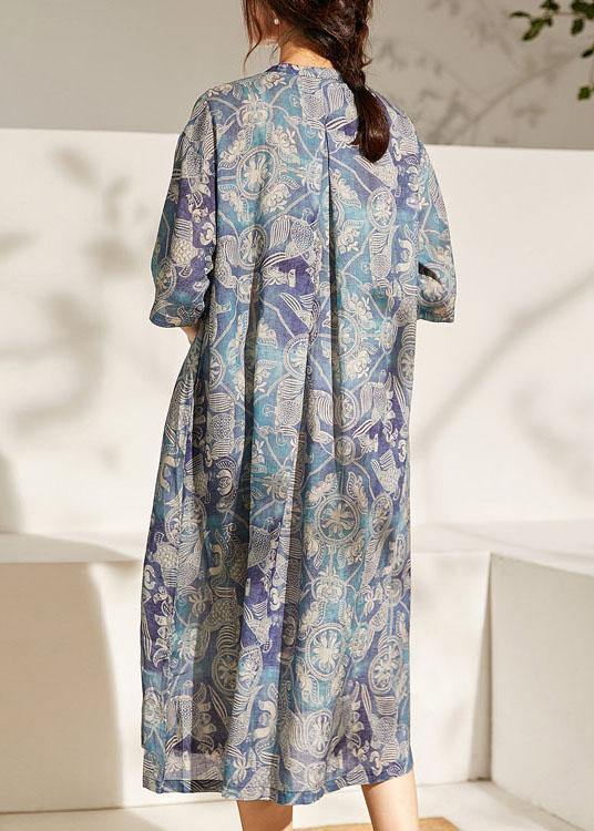 Blue Print O-neck Tie Print Ramie Summer Holiday Dress