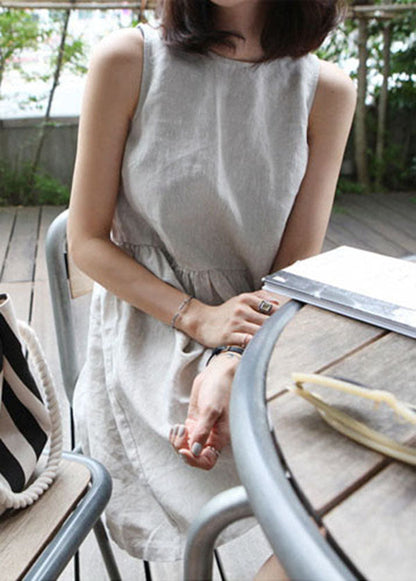 Beige O-neck Wrinkled Cotton Vacation Dress Summer