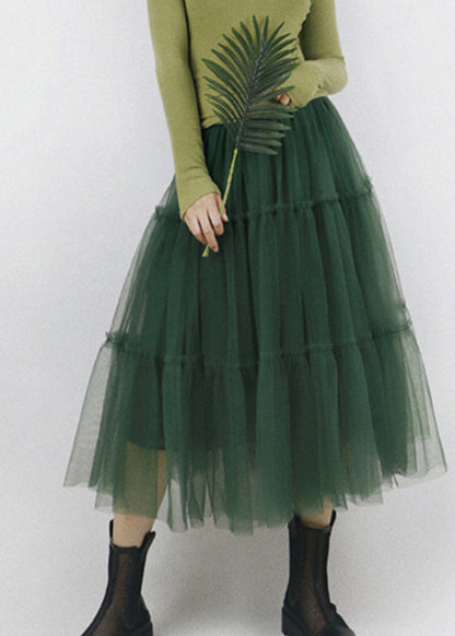 Green Patchwork Tulle a Line Skirts Spring