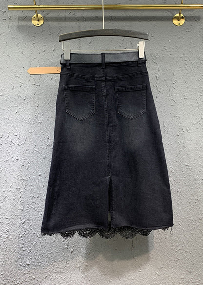Black Lace Pockets Patchwork Denim Skirt Spring