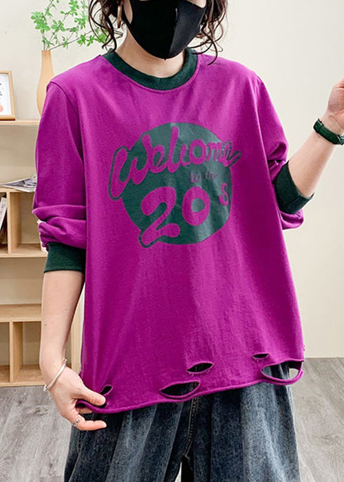 Purple Hole Print Cotton Tops Long Sleeve