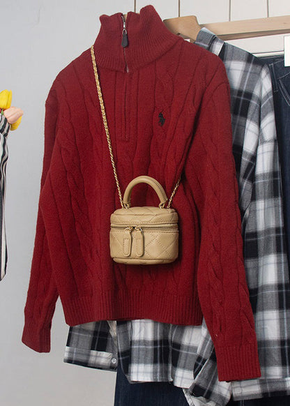 Red Turtleneck Zip Up Cable Knit Sweater Spring