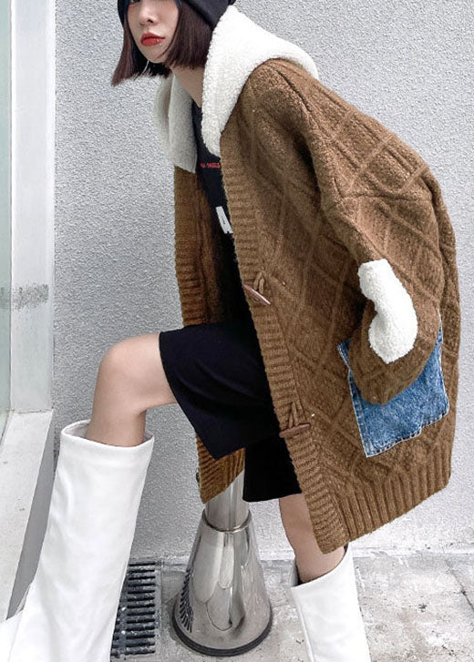 Unique Chocolate Hooded Patchwork Pockets Fall Sweaters Coat