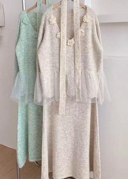 Blue Patchwork Knit Two Pieces Set Oversized Decorated Winter