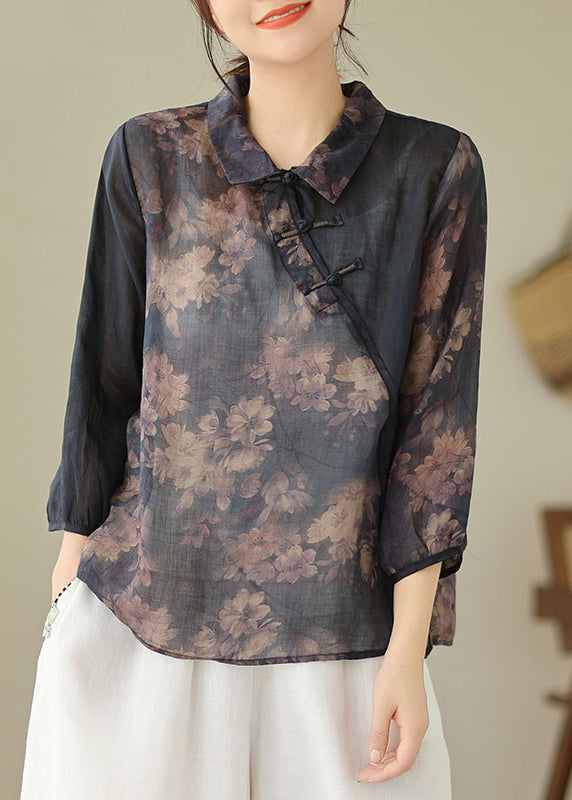 Black Button Print Patchwork Linen Top Bracelet Sleeve