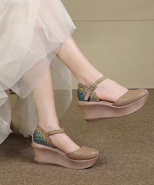 Khaki Cowhide Buckle Strap Platform Sandals