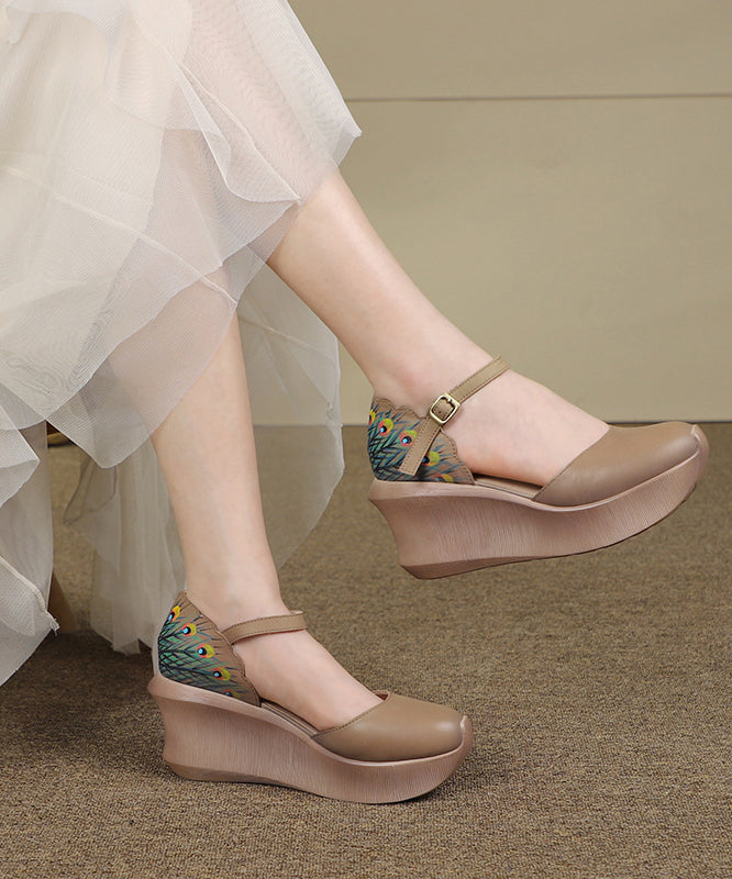 Khaki Cowhide Buckle Strap Platform Sandals