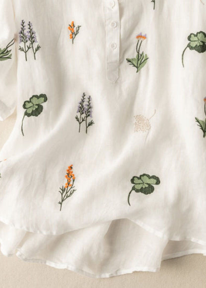 White Peter Pan Collar Print Patchwork Linen Shirt Top Summer