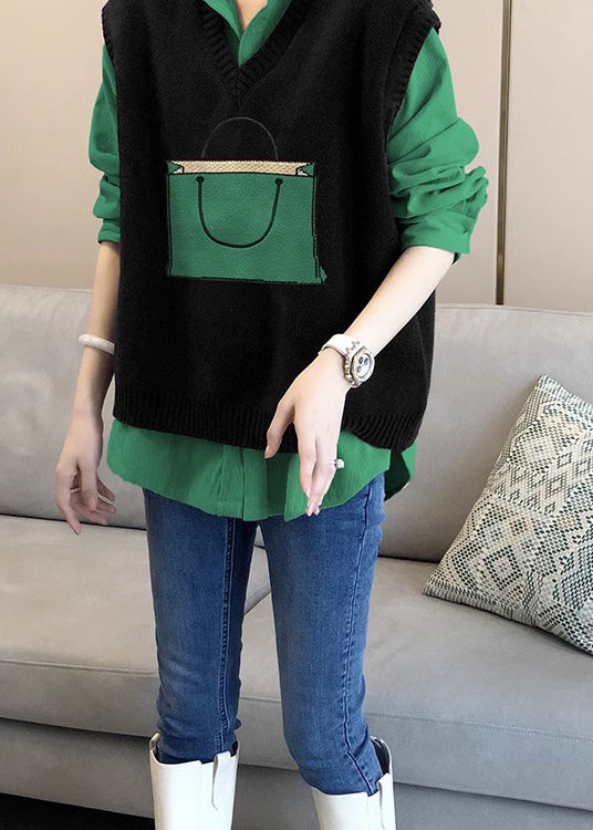 Italian Black Knit Vest and Shirts Patchwork Two Pieces Set Fall