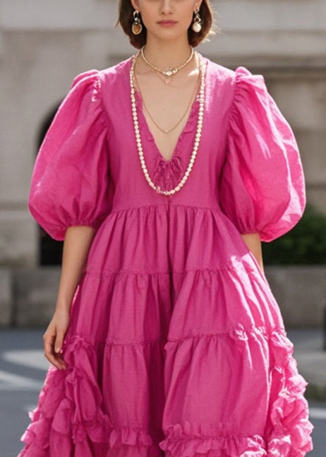 Rose Ruffled Exra Large Hem Cotton Dress Puff Sleeve Summer