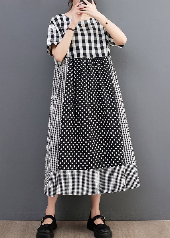 Natural O-neck Plaid Dot Patchwork Maxi Dresses Summer