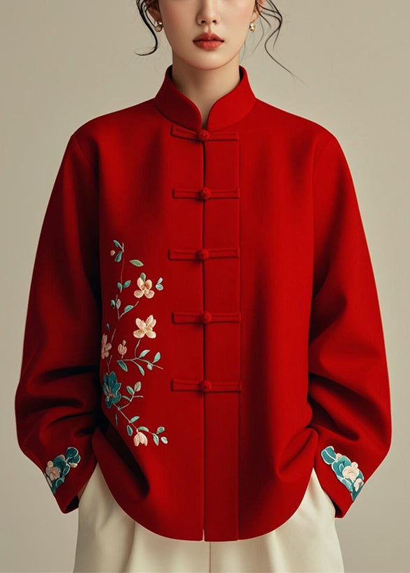 Red Stand Collar Print Cotton Coats Spring