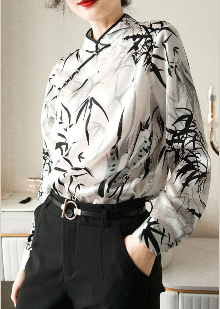 White Mandarin Collar Print Chiffon Shirt Top Spring