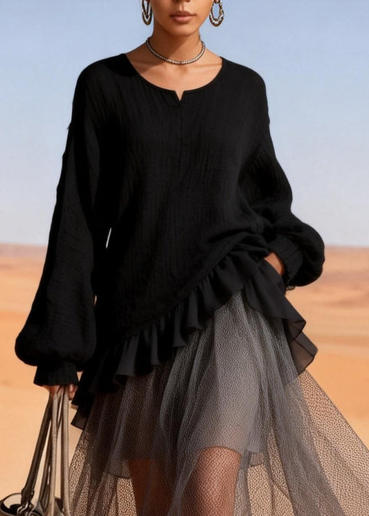 Black O-neck Ruffled Patchwork Tulle Dresses Spring