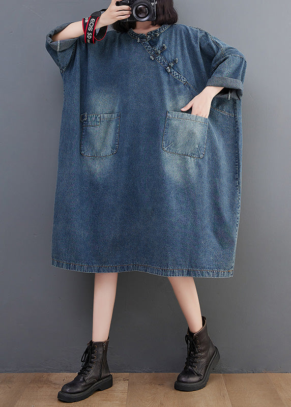 Denim Blue O-neck Patchwork Button Long Dress Long Sleeve