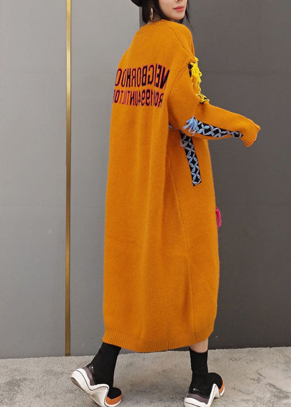 Yellow O-neck Patchwork Knit Long Dresses Long Sleeve