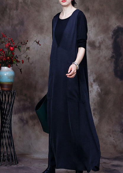 Black V Neck Pockets Silk Maxi Dresses Sleeveless