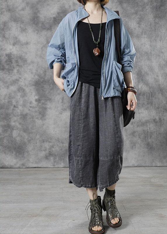 Diy Blue Stand Collar Zippered Fall Long Sleeve Top