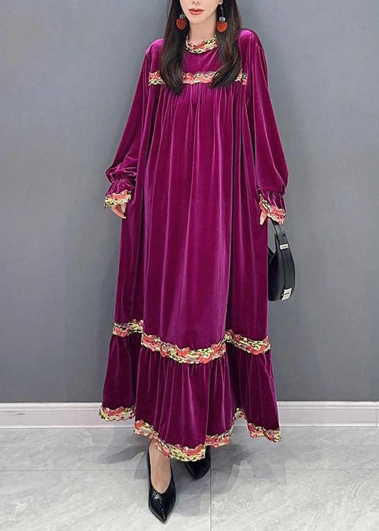 New Purple Wrinkled Patchwork Silk Velour Long Dresses Long Sleeve