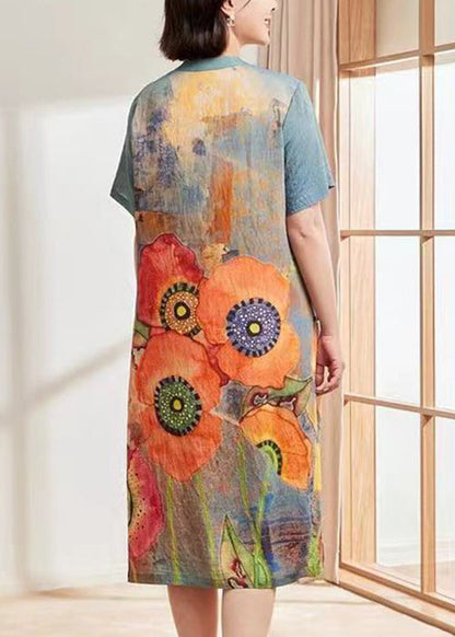 Blue Print Pockets Cotton Dresses Short Sleeve