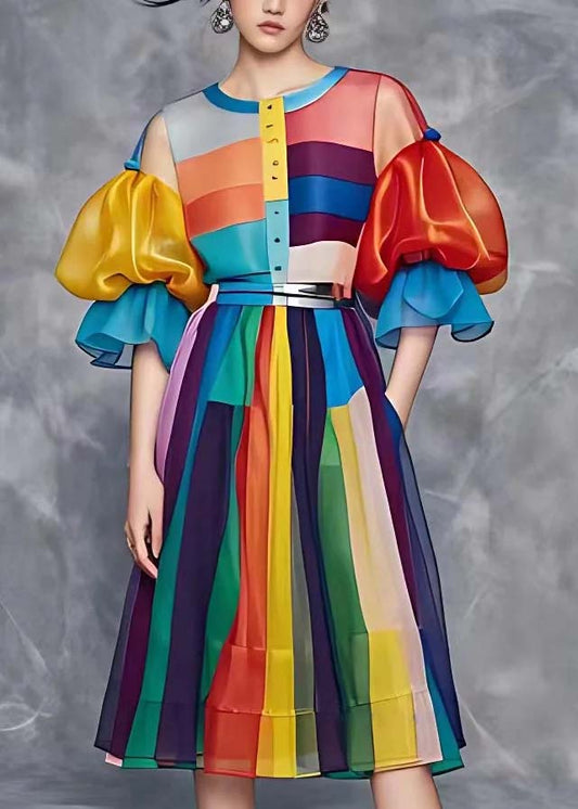Rainbow Tie Waist Vacation Chiffon Long Dresses Summer
