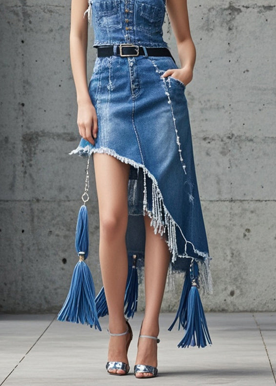 Blue Asymmetrical Tasseled Denim Skirts Fall