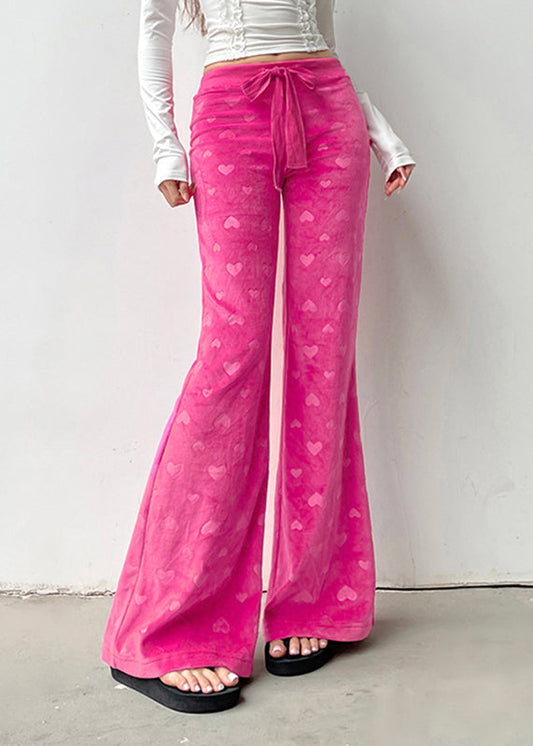 Pink Print Tie Waist Knit Flared Trousers