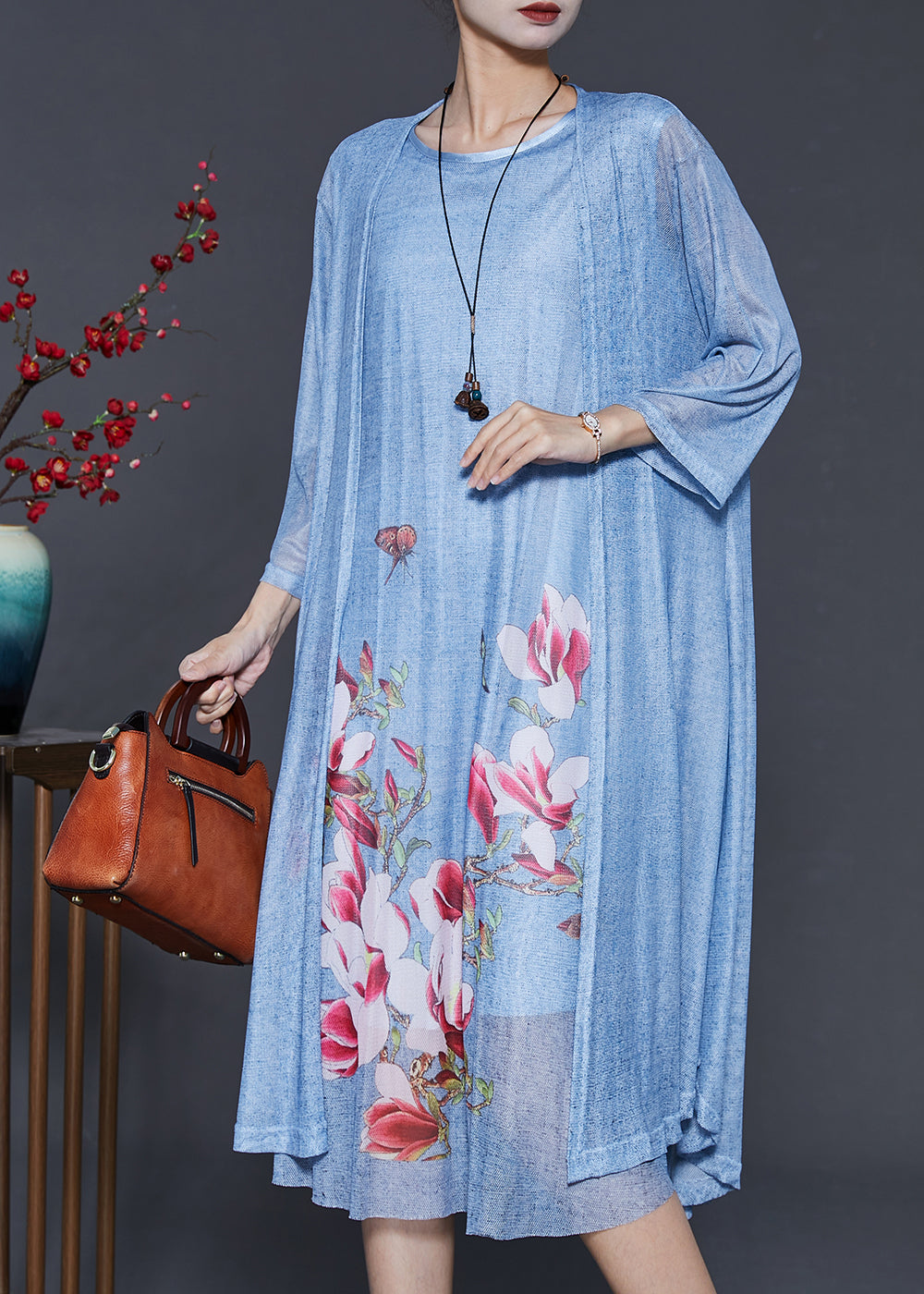 Blue Chiffon Two Piece Suit Set Oversized Summer