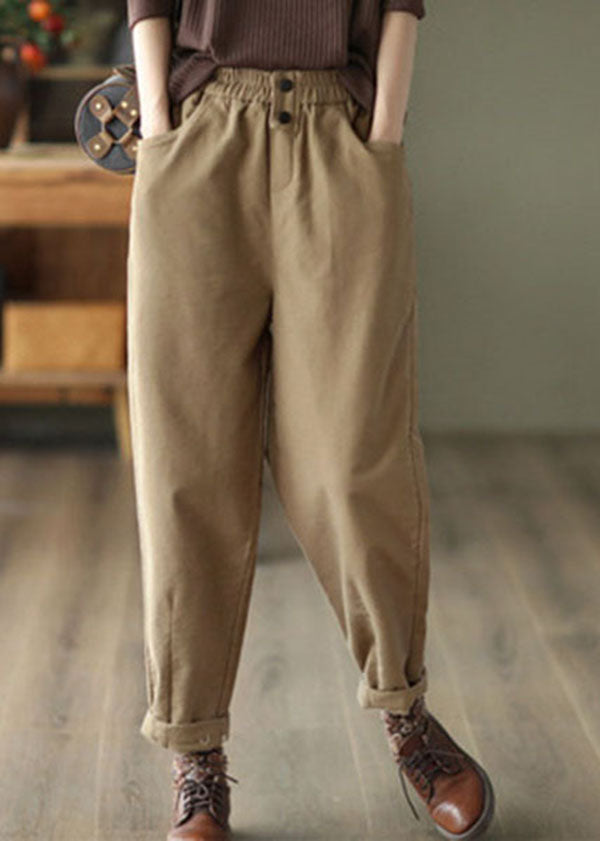 Khaki Elastic Waist Oversized Cotton Harem Pants Fall