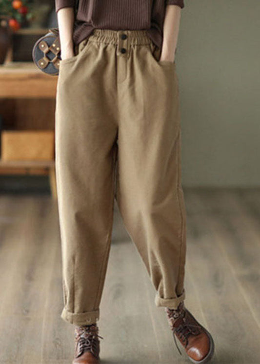 Khaki Elastic Waist Oversized Cotton Harem Pants Fall