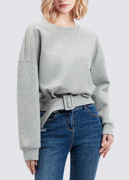 Grey Patchwork Sashes Sweatshirt Lantern Sleeve