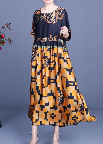 Navy Print Silk Tie Waist Mid Dress Summer
