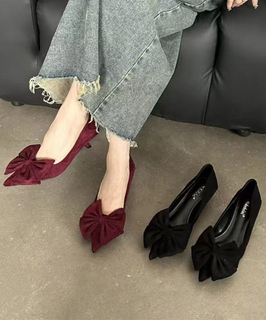 Mulberry Kitten Heels Suede Splicing Bow Pointed Toe
