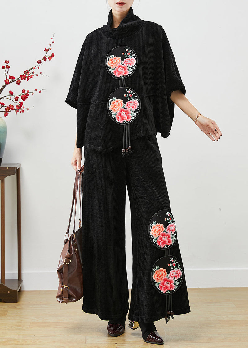 Black Turtle Neck Embroideried Tasseled Corduroy Two Pieces Set Fall