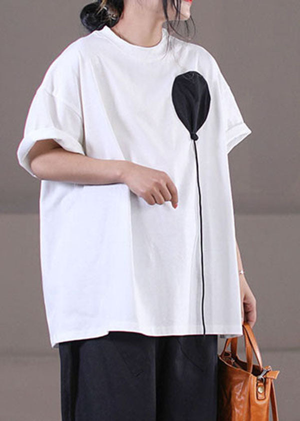 White Patchwork Cotton Original Design Tank Tops O-neck Short Sleeve