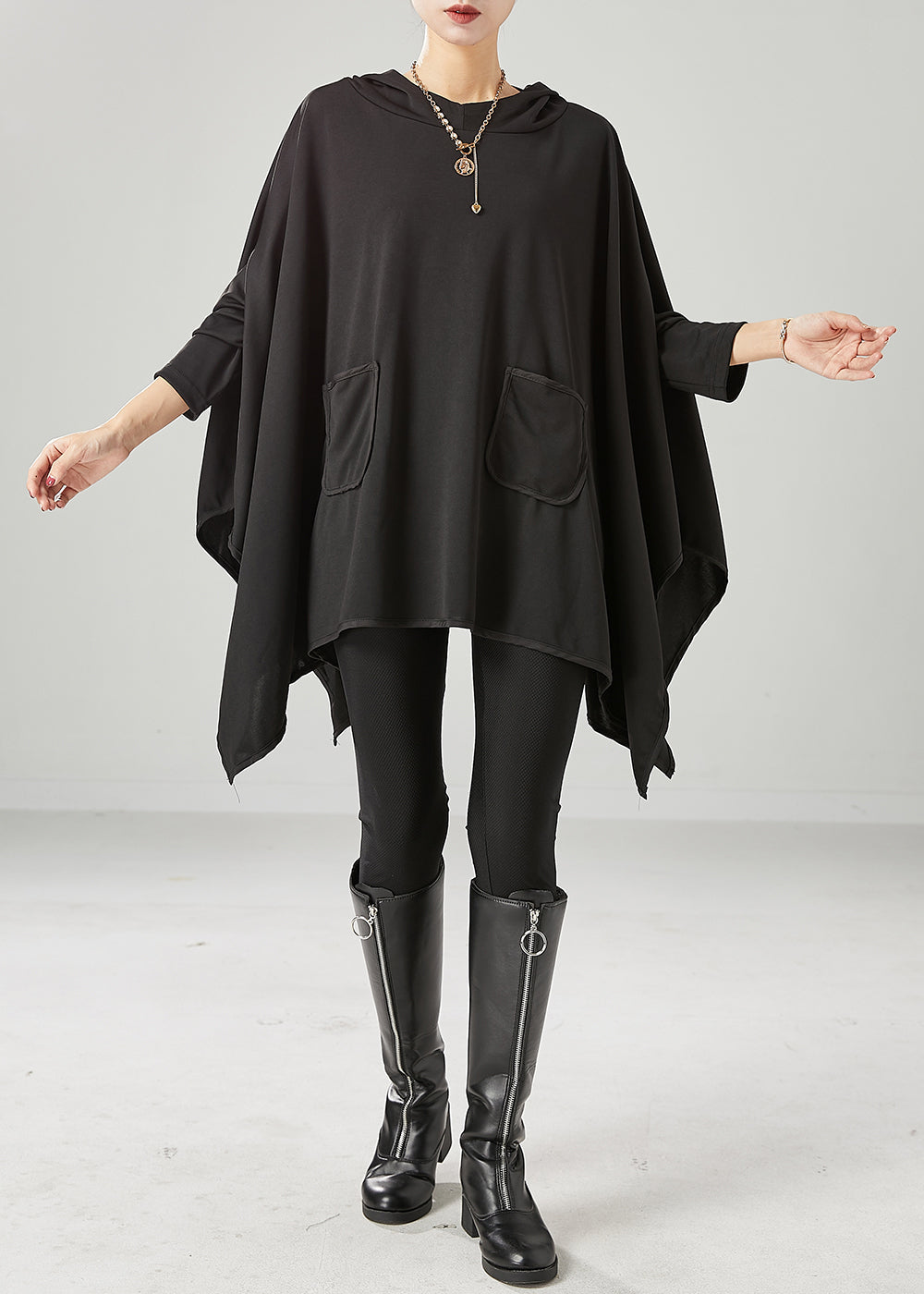 Black Oversized Asymmetrical Cotton Pullover Fall