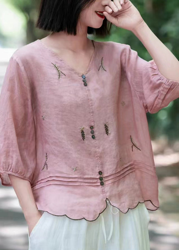 Pink V Neck Embroideried Wrinkled Ramie Tops Fall