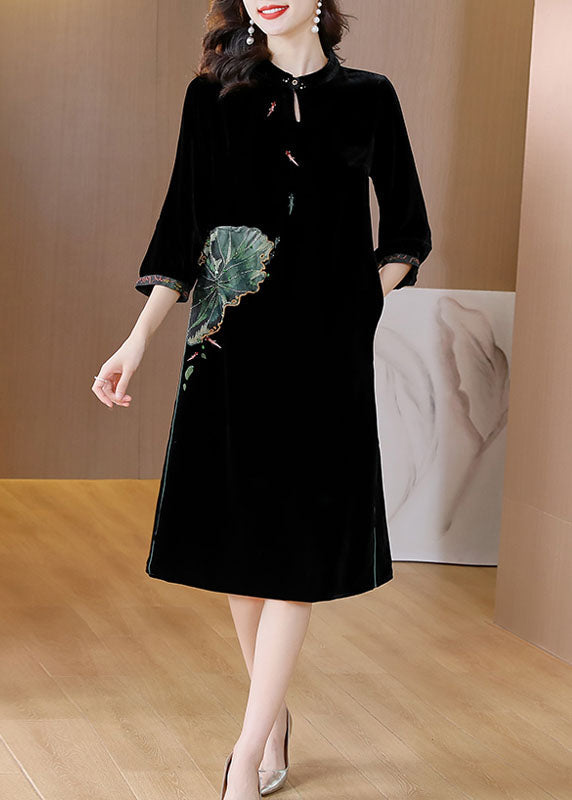 Black O-neckpockets Button Silk Velour Long Dresses Bracelet Sleeve