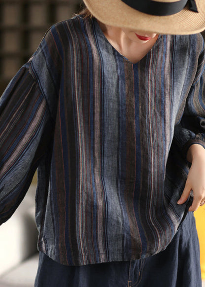 V Neck Striped Loose Linen Shirts Summer