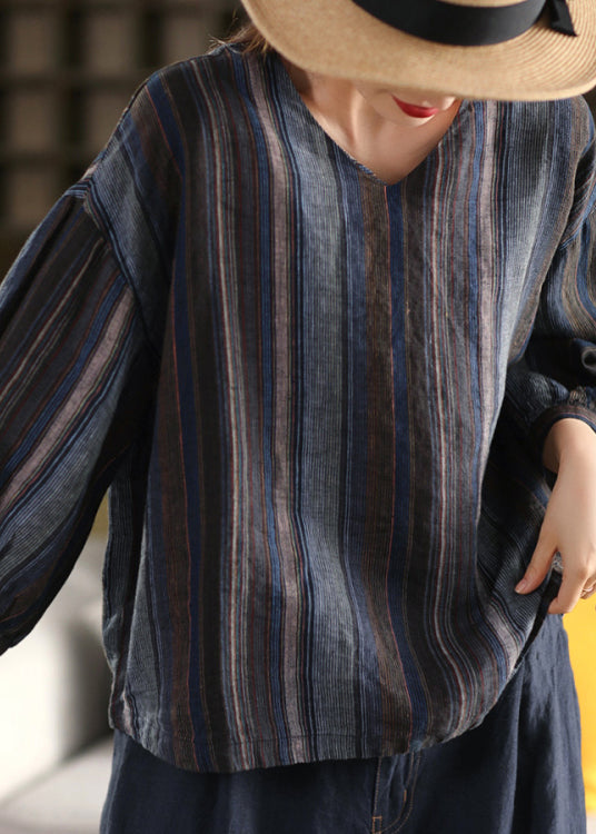 V Neck Striped Loose Linen Shirts Summer