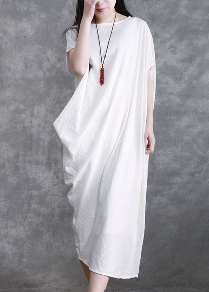 White O-neck Asymmetrical Wrinkled Linen Dress Short Sleeve