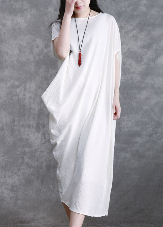 White O-neck Asymmetrical Wrinkled Linen Dress Short Sleeve