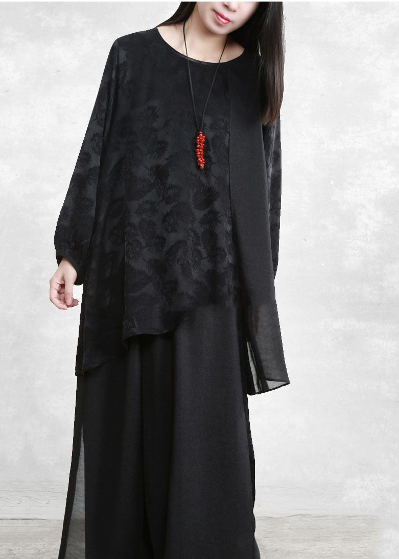 Black Asymmetrical Design Jacquard Silk Two Piece Set Spring