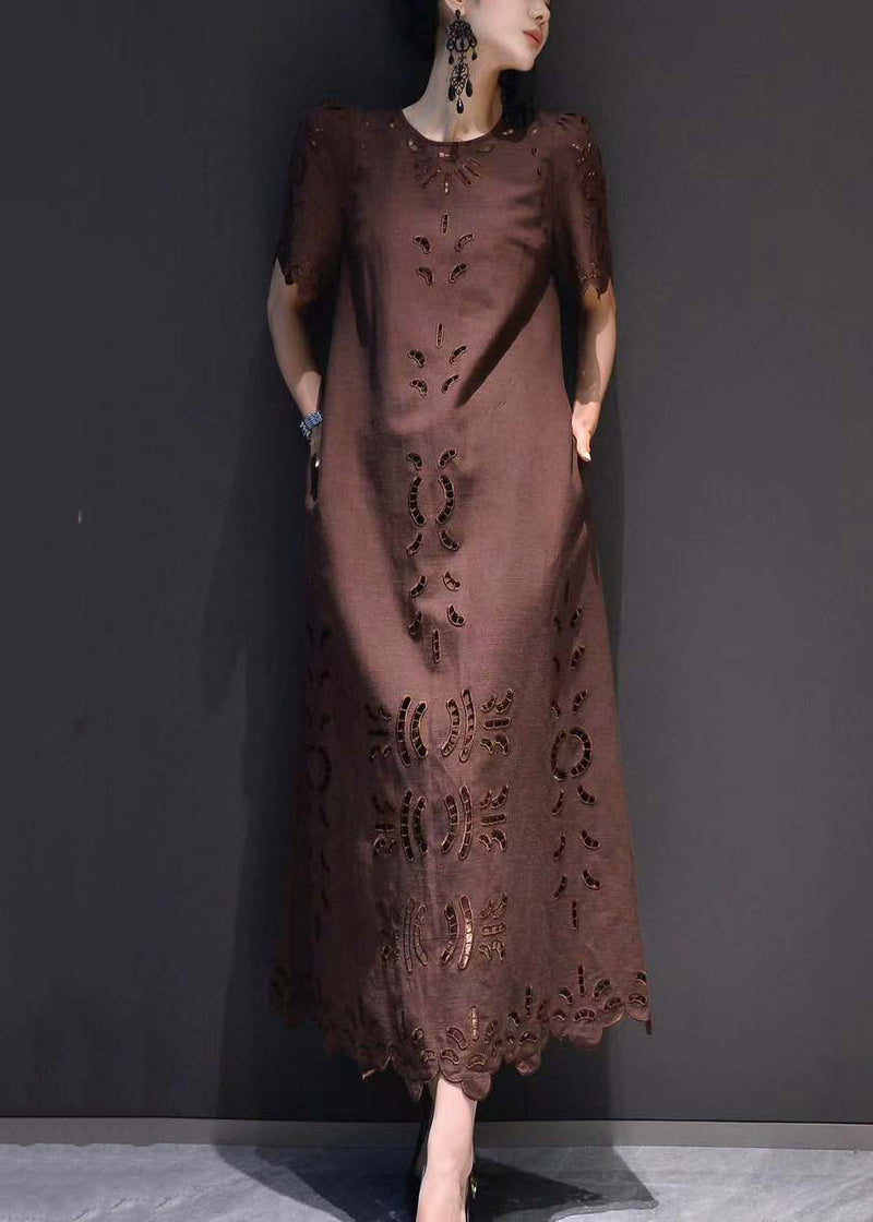 Classy Chocolate Hollow Out Pockets Cotton Long Dress Summer