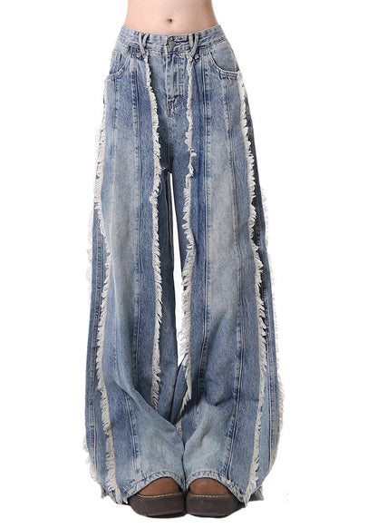 Blue Tasseled Patchwork Denim Straight Pants Spring