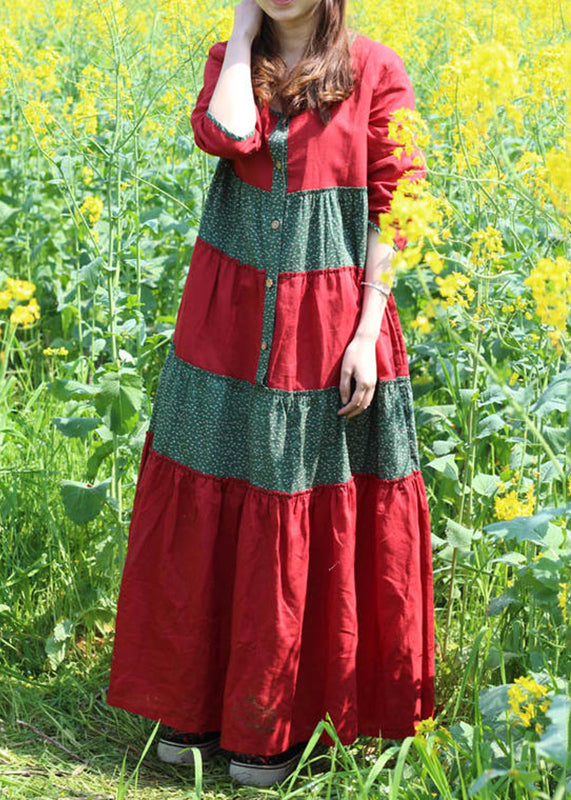 Red O-neck Wrinkled Patchwork Long Dresses Spring
